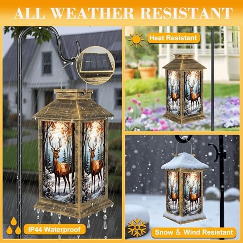 Solar Lantern Outdoor Waterproof Majestic Stag Winter Forest Autumn Leaves Stained Glass Garden Decor LED Hanging Solar Lights Tabletop Lamp Gifts for Women Mom Outside Yard Patio Porch - Image 3