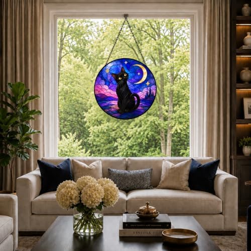 Black Cat Moon Stained Glass Window Hanging with Metal Chain - Image 5
