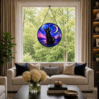Black Cat Moon Stained Glass Window Hanging with Metal Chain - Image 5