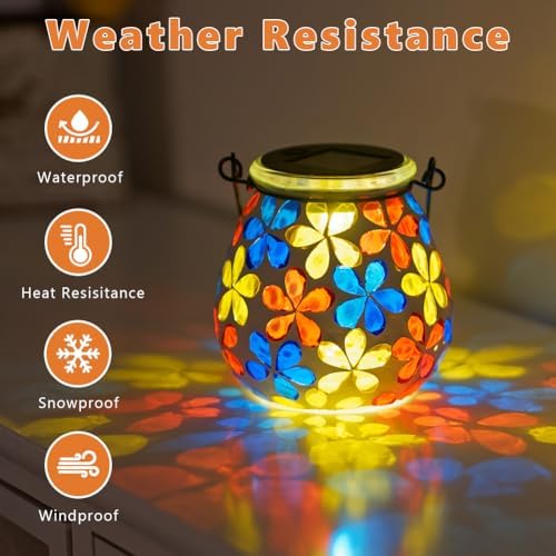 Stargarden 4Pack Mosaic Solar Lanterns, Flower Glass Hanging Lantern - Image 4