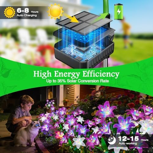Solar Lights Outdoor Garden Decor - 10 Pack Solar Flowers with 50 Heads Colorful Lily Lights & Glowing Stems, Brighter Waterproof Decorative Garden Lights for Yard, Patio, Flower Bed, Gifts - Image 4