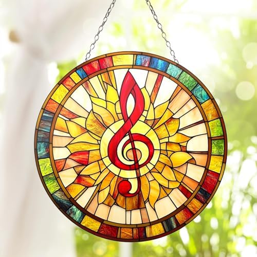 Music Note Acrylic Suncatcher 6 Inches, Fall Decoration Indoor Outdoor, Bedroom Porch Decor, Stained Glass Effect Window Hanging, Colorful Treble Clef Ornament, Musician Teacher Gift by XISZYS