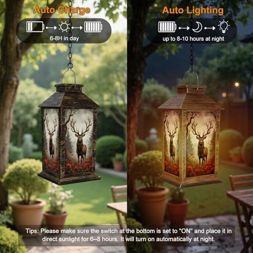 Solar Lantern Outdoor Garden Hanging Lantern Majestic Stag Antlers Rose Garden Misty Forest Waterproof Solar Powered Lighting Outside Table Lamp for Patio Deck Yard Camping - Image 4
