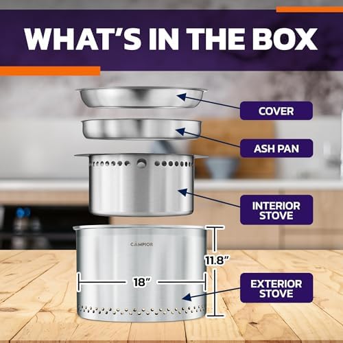 CAMPIOR Large Wood Burning Fire Pit Stove - Smokeless Outdoor Stove for Efficient Wood Fires, Camping, Cooking, and Garden Gatherings, Durable Stainless Steel with Removable Ash Pan, 20.94 lbs - Image 2
