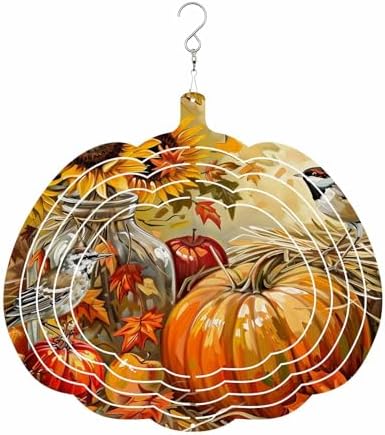 Fall Wind Spinners for Yard and Garden Bird Pumpkin Wind Spinner Sunflower Maple Leaves 3D Metal Stainless Steel Pumpkin Wind Sculptures Chimes Outdoor Patio Thanksgiving Hanging Decor 12 Inch by Home+L6