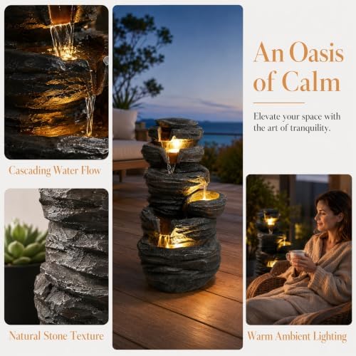 Outdoor Water Fountain with LED Lights, 25.6" Cascading Water Feature with Planter, Freestanding Modern Garden Fountain for Patio, Balcony, Backyard, Porch, Housewarming Gift - Image 4