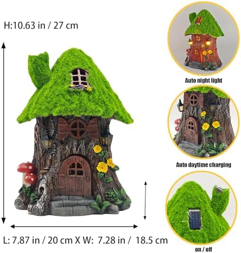 COWOS Fairy Tree House Night Light with LED - Moss Covered Resin Fairy House Miniature Garden Decor, Outdoor Waterproof Statue for Patio Yard Lawn, Gift for Garden Lovers Kids - Image 2
