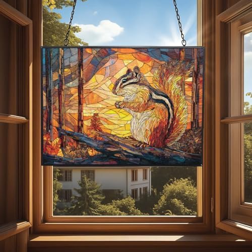 Personalized Rectangle Mosaic Chipmunk with Pinecone Stained Glass Suncatcher Window Hanging, Gothic Christmas Ornaments for Fiction Lovers, Dinosaur Room Decor for Nursery New Home Gifts - Image 4