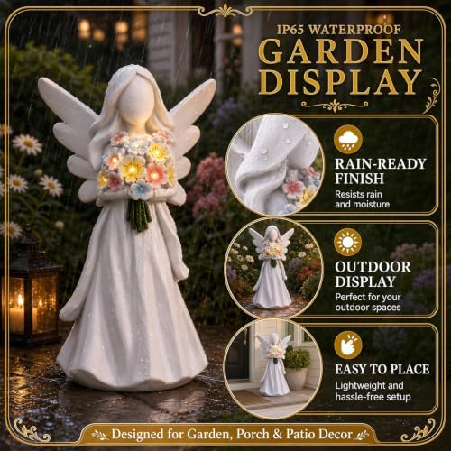 Solar Angel Garden Statue with Glowing Flowers, Sympathy Memorial Gifts - Image 4