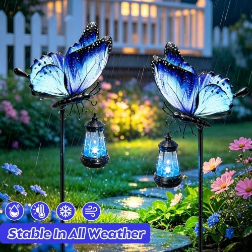 32.7in Blue Metal Butterfly Solar Garden Light with Hanging Solar Lantern - Image 3