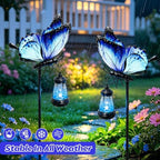 32.7in Blue Metal Butterfly Solar Garden Light with Hanging Solar Lantern - Image 3