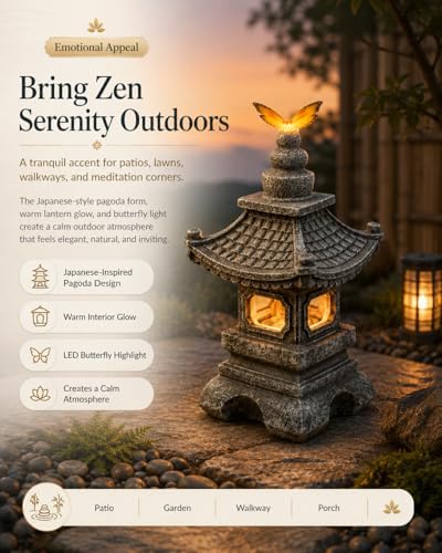 Solar Garden Statue Japanese-Style Pagoda Lantern with Butterfly Light, Waterproof Resin Zen Outdoor Decor for Patio Yard Lawn, Housewarming Gifts for Women - Image 7