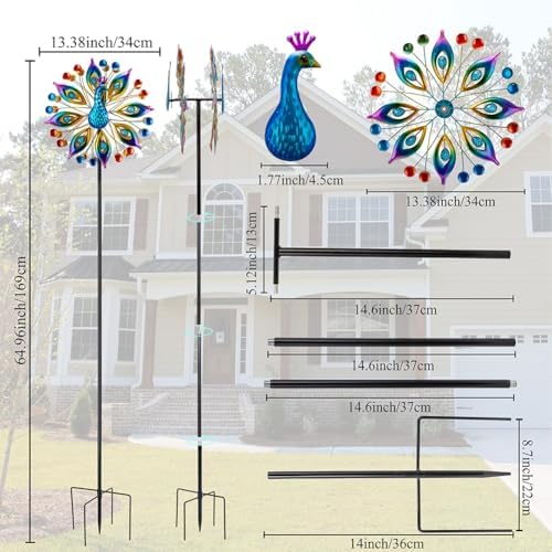 Peacock Outdoor Wind Spinner, 64 Inch Double Wind Sculpture Decor - Image 2