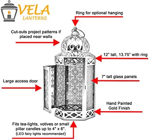 VELA LANTERNS 12" Gold Metal Moroccan Decorative Candle Lantern Holder for Hanging or Table Centerpieces, Exotic Indoor Home Decor, Outdoor Patio or Porch, Weddings, Ramadan, Assorted, Large, 6-Pack - Image 5
