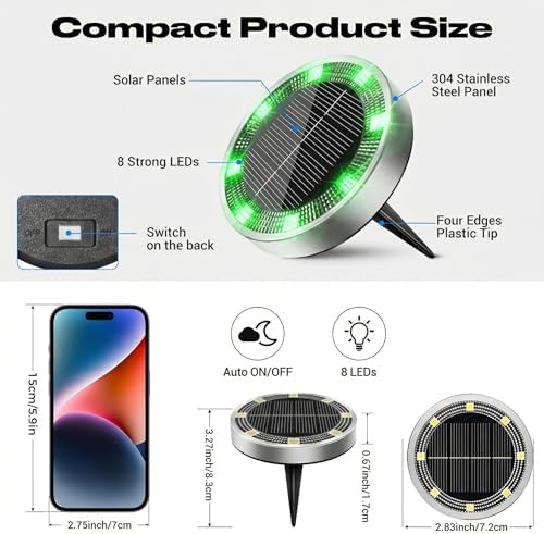 Peasur Solar Ground Lights Outdoor, 12 Pack Flat Solar Powered Disc Lights, IP68 Waterproof, Anti-Rust, Landscape Lighting for Pathway Garden Yard Lawn Walkway Landscape Driveway, Green - Image 5
