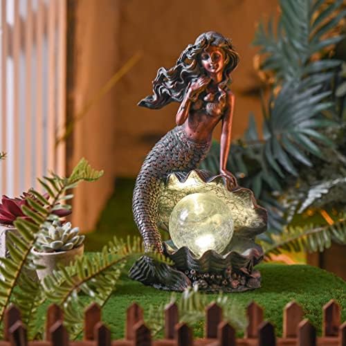 TERESA'S COLLECTIONS Mermaid Garden Statue Solar Resin Patina Bronze 12" - Image 5