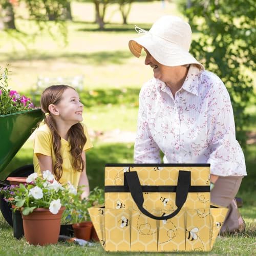 Yellow Bee Gardening Tool Bag,Heavy Duty Garden Tote Bag,Portable Oxford Gardening Storage Basket Organizer Handbag with Pockets Handle,Hand Tools Gifts for Outdoor Garden Lawn Yard - Image 6