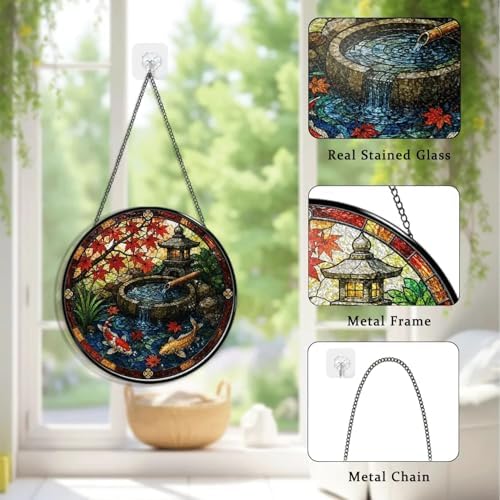 Stained Glass Window Hanging Japanese Koi Pond Maple Leaves Garden Lantern Sun Catchers Tranquil Zen Water Fountain Japanese Style Suncatchers for Home Porch Garden Indoor & Outdoor Decor (9.8x9.8 IN) - Image 6