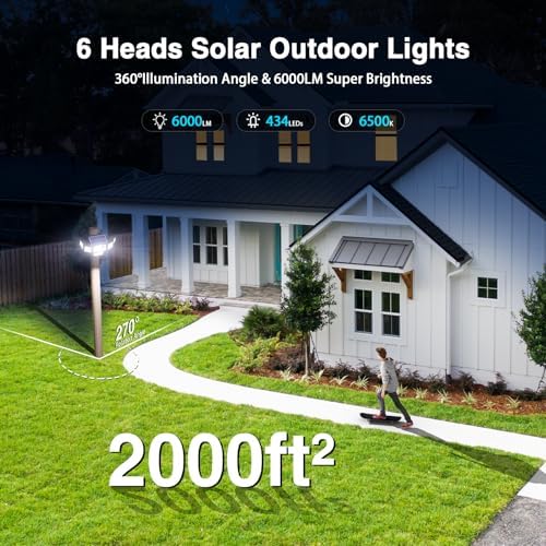 6000LM Solar Lights Outdoor Waterproof, 6 Heads Solar Flood Lights Outdoor with 2 Motion Sensor, 310 LED Motion Light with Remote Control for Yard Outside House Patio 2 Pack - Image 2