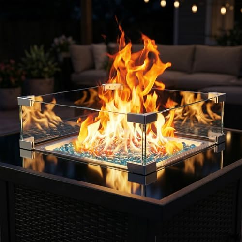 BALI OUTDOORS Fire Pit Wind Guard Fence 18"x 18"x 6" Square Fire Pit Screen Clear Tempered Glass Flame Guard for Propane Fire Pit, Outdoor Fire Column - Image 2