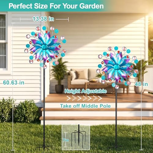 Solar Wind Spinner Outdoor - Metal Kinetic Wind Sculptures with Sparkling Jeweled Ornaments, Blue & Purple Gradient Dual-Direction Spinner, Solar LED Glass Ball Yard Art for Garden Patio Decor - Image 5