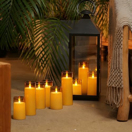 Homemory Amber Flickering Flameless Candles, Battery Operated Acrylic LED Pillar Candles with Remote Control and Timer, Fall Candles, Set of 9 - Image 3