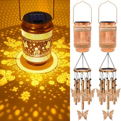 2 Pack Butterfly Solar Wind Chimes for Outside, Gifts for Mom Women Grandma Birthday Memorial Teacher, 32" Windchimes Outdoor Decor Hanging Solar Lantern for Garden Porch Patio Backyard by MRHEPHAESTUS