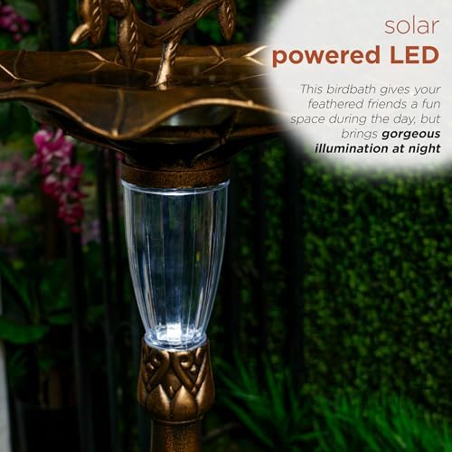 Alpine Corporation TEC316SLR Solar Birdbath with Birds and LED Light, LED Decor for Patio, Lawn & Garden, 41" H, Gold - Image 5
