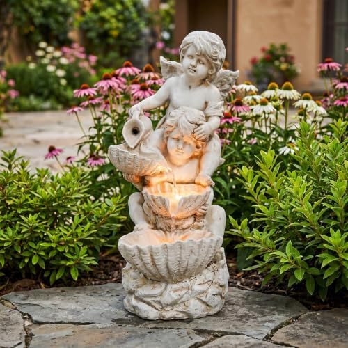 15.7" High 3-Tiers Cascading Rock Outdoor Water Fountain with LED Lights, Large Freestanding Fountains and Waterfalls for Garden, Patio, Yard, and Deck Decor with Featuring Natural Stone Look - Image 2