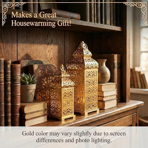 VELA LANTERNS 8pc Golden Temple Moroccan Lantern Lamp Decorative Candle Holders for Ramadan Decorations, Hanging, Outdoor Patio or Porch, Indoor Home Decor, Gold, (11" and 15" Tall) - Image 5