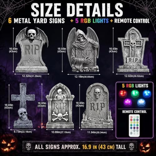 Aurelema 6 Pcs 17" Metal Halloween Tombstones with Light Decoration - Image 2