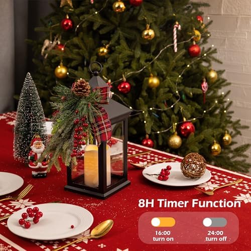 Christmas Decorative Lantern with LED Candle – Black Holiday Lantern with Pinecones, Red Bow – Battery Operated Christmas Table Centerpiece for Indoor/Outdoor Decor(1pack) - Image 4