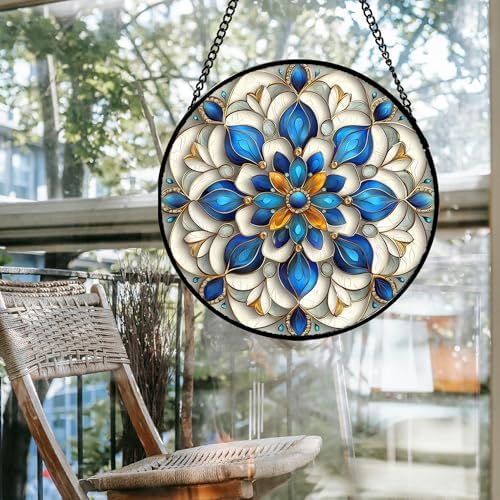 Stained Glass Window Hanging - Blue and White Abstract Flowers Suncatcher for Door Terrace Garden Home Decor, Gold Sun Catcher Birthday Gifts for Lovers Women Men Dad Mom Nana 9.8 in - Image 4