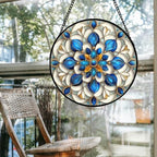 Stained Glass Window Hanging - Blue and White Abstract Flowers Suncatcher for Door Terrace Garden Home Decor, Gold Sun Catcher Birthday Gifts for Lovers Women Men Dad Mom Nana 15 in - Image 4