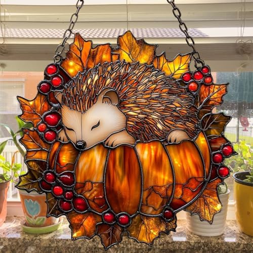 Cute Little Hedgehog Pumpkin Acrylic Suncatcher - Image 4