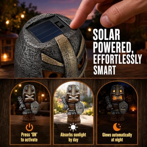10" Solar Tiki Statue, Tribal Warrior with LED Eyes, Outdoor Tiki Decor - Image 4