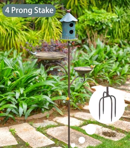Metal Bird Bath Feeder and Houses for Outdoors, Birdbaths for Outside with 4-Prong Stake, 3 in 1 Free Standing with Blue House on Pole for Garden Patio Yard Lawn - Image 6