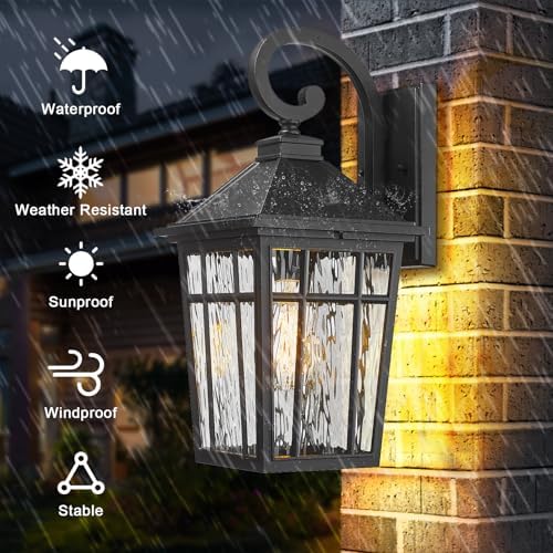 Darkaway 2pcs Large Outdoor Wall Lights for House, 18inch Exterior Lighting Fixtures Wall Mount Outdoor Porch Lights Black Outside Sconce Lights with Water Ripple Glass for Patio Garage Hallway - Image 6