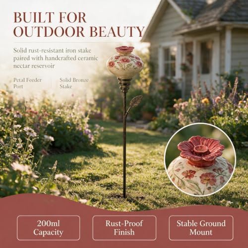 Vintage Ceramic Hummingbird Feeder Garden Stake, 4-Flower Floral Nectar Feeder for Outdoors, Decorative Bird Feeder with Metal Stand for Garden Yard Deck, Rustic Gift for Bird Lovers, D - Image 6