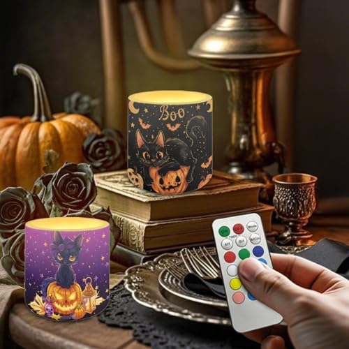 Black Cat Pumpkin Flameless Light Candle Battery Operated Candles with Color Changing Timer Remote Control Fake Pillar Candles for Hallowe'en Decoration - Image 2