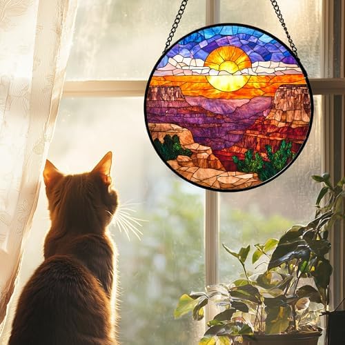 CHATYOUNG Stained Glass Window Hanging Canyon Orange-Red Sunrise Landscape 9.8" - Suncatcher Door Garden Home Decor Birthday Christmas for Men Woman Mom Grandma Dad Friend - Image 2