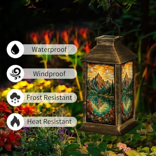 Solar Lantern Stained Glass Landscape Outdoor Waterproof Garden Hanging Lantern Solar Powered Lighting Outside Solar Light for Patio Yard Camping, Gifts for Women Mom - Image 3