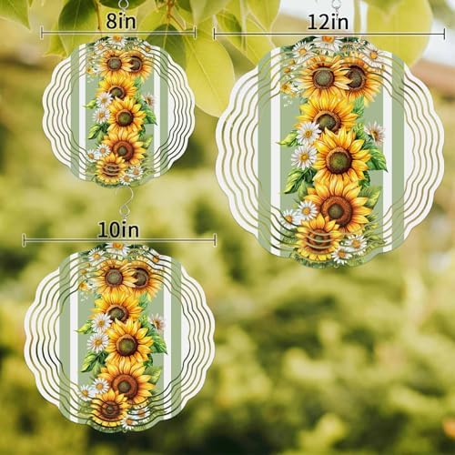 Wind Spinners for Yard Garden, Watercolor Sunflower Leaves on Green 3D Stainless Steel Round Hanging Spinners Indoor Outdoor Kinetic Yard Art,12 Inch, Summer Flower - Image 2