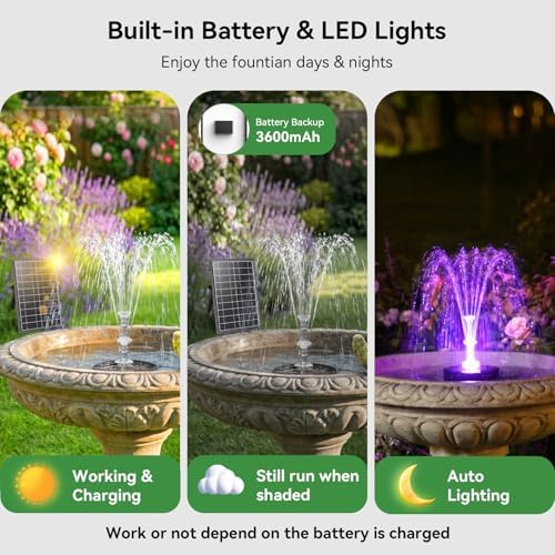 Antfraer 8W Solar Fountain Pump Built-in 3600mAh Battery & LED Lights, Solar Powered Water Pump with Double-Layer Nozzle & 5ft Tubing, Solar Water Fountain For Bird Bath Pond Garden DIY Water Features - Image 2