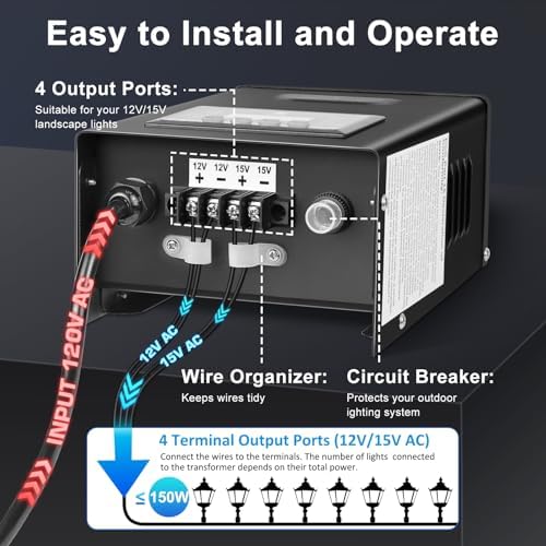 150W Low Voltage Landscape Transformer, Landscape Lighting Transformer with Photocell Sensor & Timer, 120V to 12V/15V AC Outdoor Weatherproof Transformers for Spotlights, Garden Path Light - Image 6