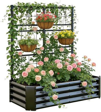 Galvanized Raised Garden Bed with Trellis for Climbing Plants Outdoor,Black - Image 3