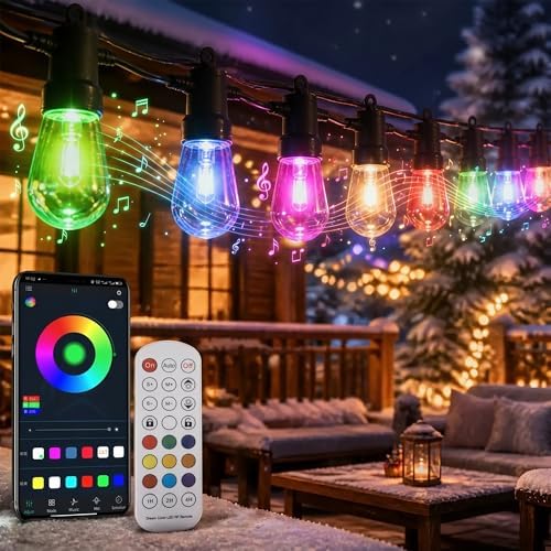 Smart Outdoor String Lights, 100FT(50FTx2) RGBW Color Changing Patio Lights with Remote and APP, Dimmable IP65 Waterproof Shatterproof LED Lights for Backyard Garden Party Decor by VoxCynHue