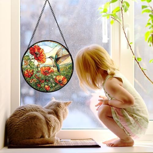 Hummingbird Poppy Stained Glass Window Hanging Suncatcher Gifts Decor 9.8" - Image 3
