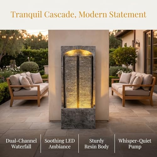 39" Modern Freestanding Wall Fountain with Pump & Warm LED Lights, Weather-Resistant Dual Water Wall Feature for Garden, Patio, Porch & Backyard Decor - Image 4