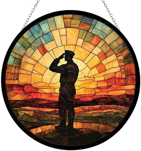 9.84 Inch Boho Memorial Day Saluting Soldier Stained Glass Suncatcher Window Hanging Gothic Christmas Ornaments for Fiction Lovers Dinosaur Room Decor for Nursery New Home by Unknown